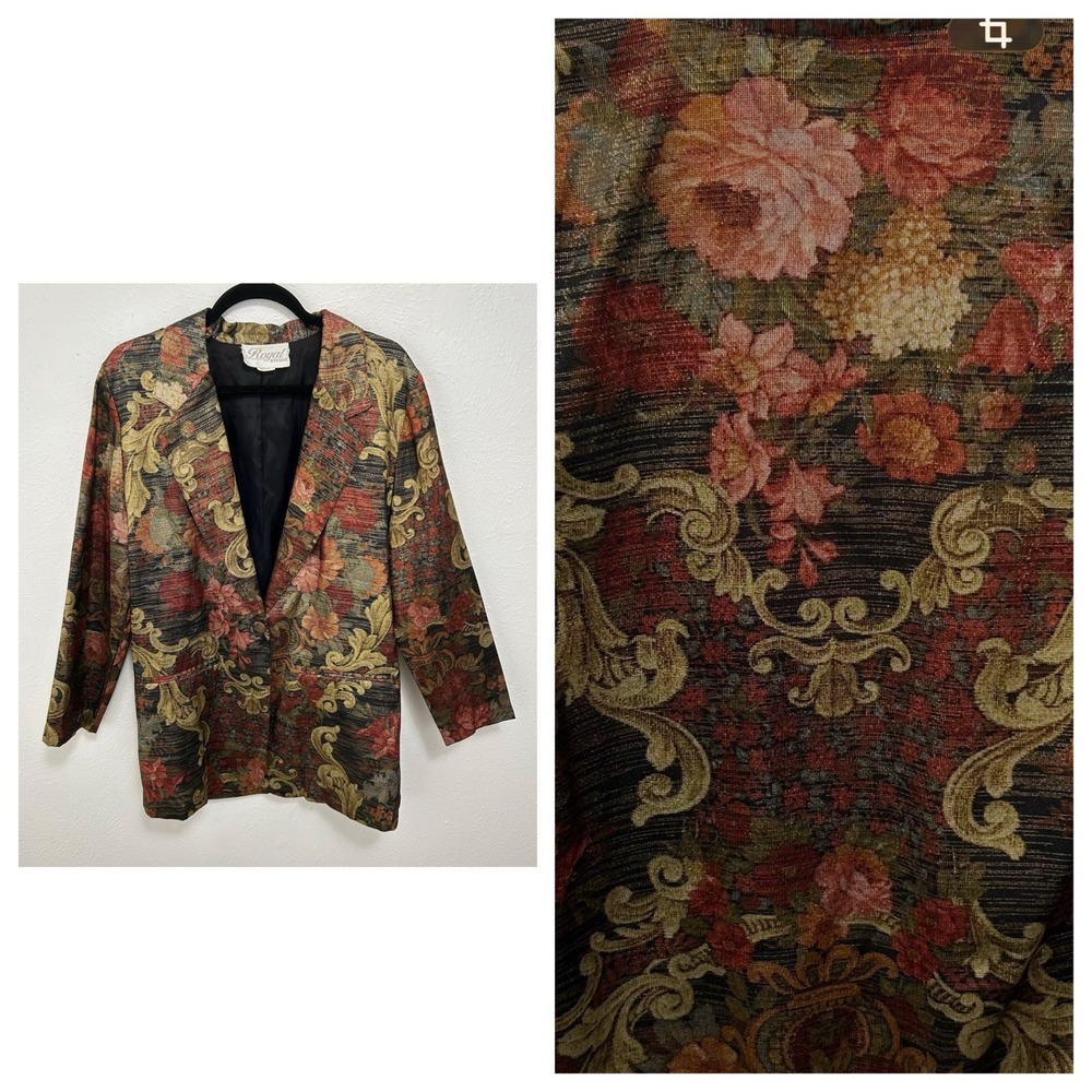 VTG 80s 90s Floral Metallic Sheen Long Blazer Gold Black Hippie Fairycore Size M